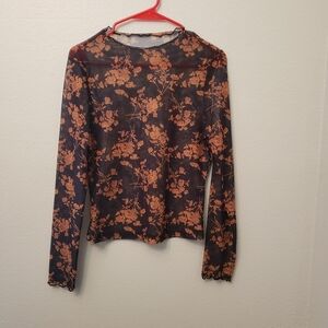 SHEIN Women's Mesh Black and Orange Floral Blouse